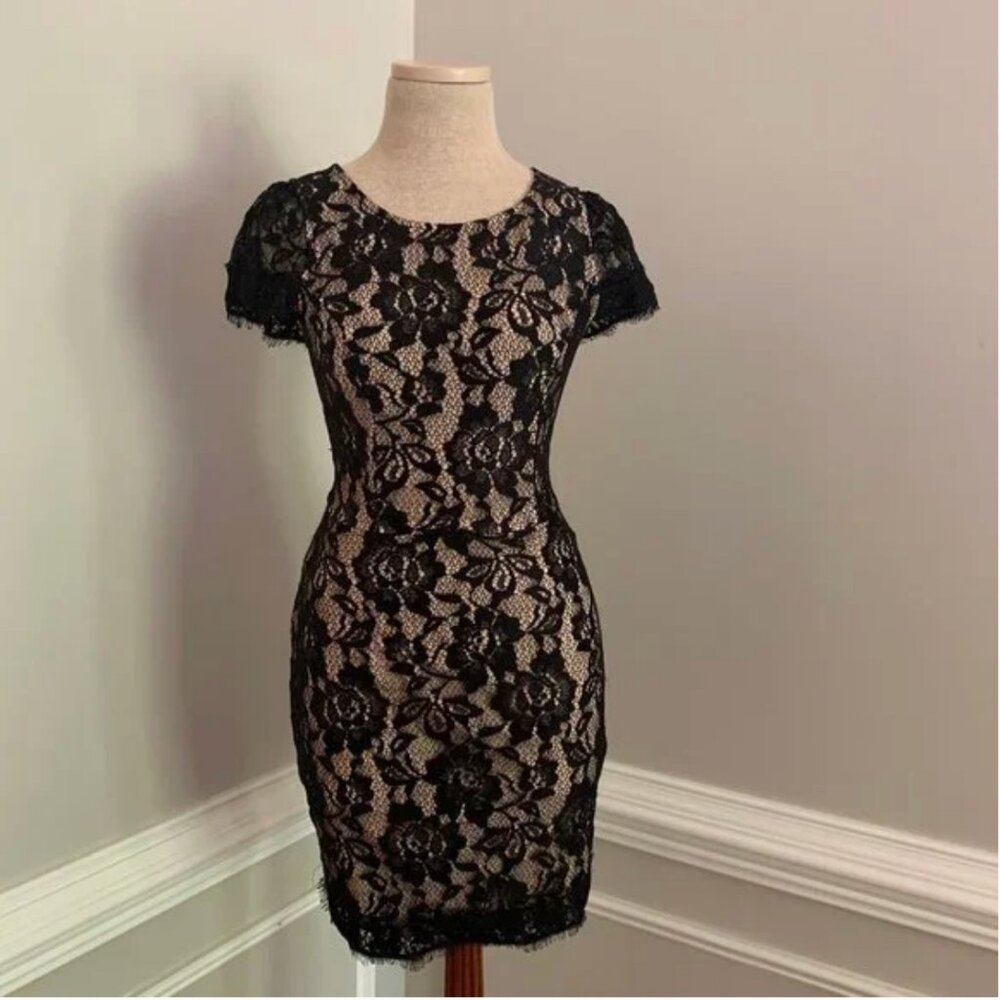Lace Dress Short Sleeve Black with Nude Lining Keyhole Back